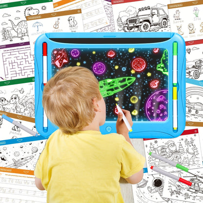 LED Light-Up Drawing Doodle Board for Kids Ages 3-8 – Glow Writing Art Set with 9 Double-Sided Cards & 6 Markers, Educational Learning Travel Toy, Birthday & Christmas Gift for Girls Boys