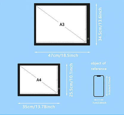 LED Tracing Light Pad Board A2 A3 A4, Dual Light Bar Ultra-Thin Copy Table with 3-Speed Dimming & Eye-Caring No-Grid Surface for Diamond Painting, Sketching & Drawing
