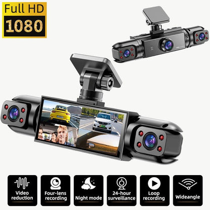 360° 4-Channel Dash Cam 1080P Full Coverage – Front 1080P + 720P Front/Rear/Left/Right, Night Vision WDR G-Sensor Loop Recording, Car Driving Recorder with Optional 32GB/64GB TF Card