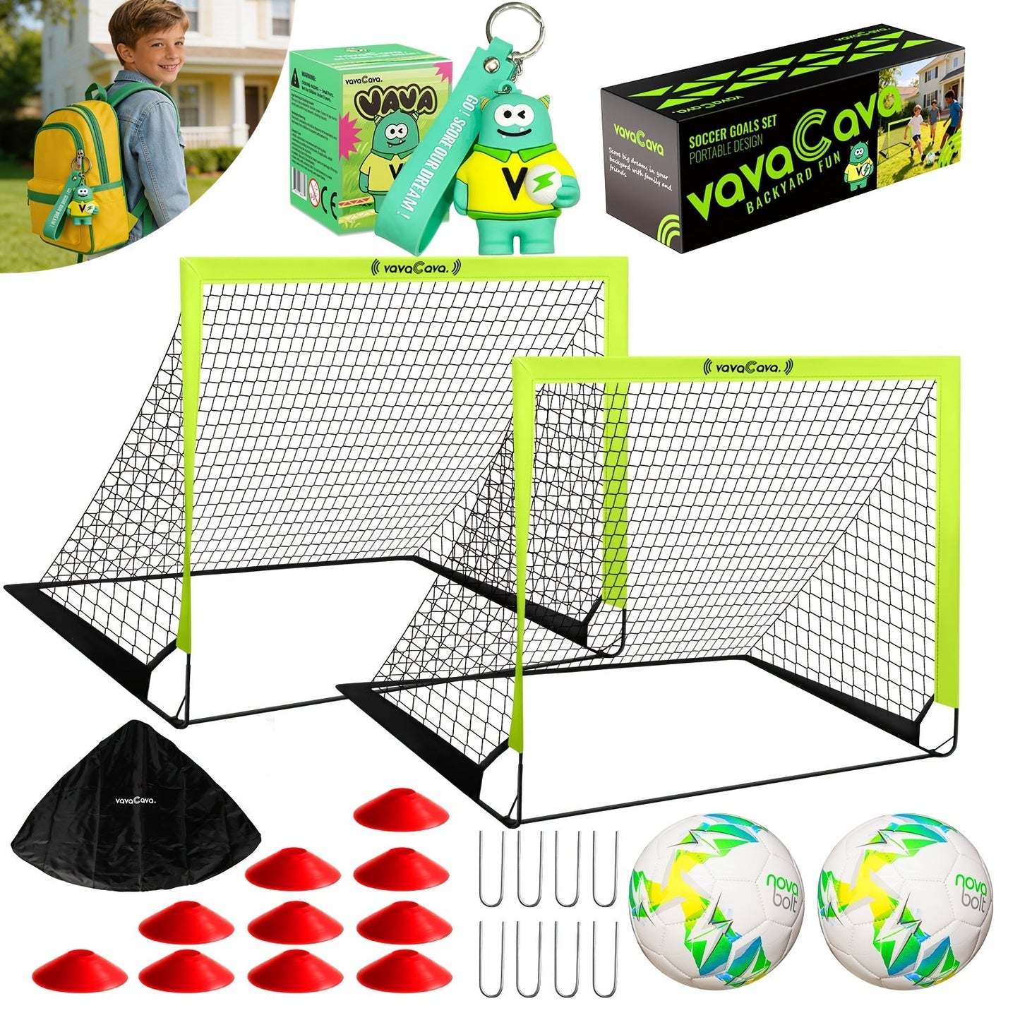 2-Pack Portable Pop-Up Soccer Goal Set – 4’x3’ Folding Soccer Nets for Youth & Adults, Includes 2 Balls, Pump & Carrying Bag, 450D Oxford Fabric, Indoor Outdoor Backyard Soccer Goals (Green/Pink)