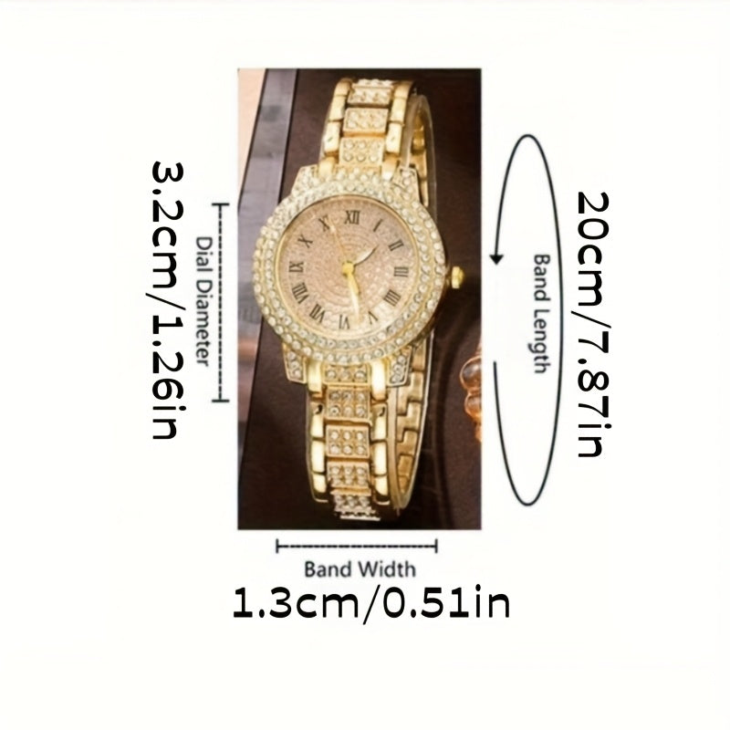 Women's Rhinestone Fashion Watch Jewelry Set – Gold Tone Wristwatch with Matching Ring, Necklace, Earrings & Bracelet, Elegant Ladies Casual Dress Watch Gift Set