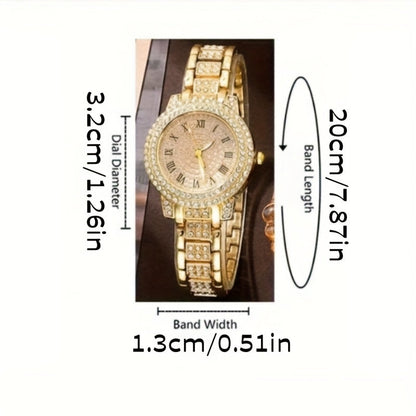 Women's Rhinestone Fashion Watch Jewelry Set – Gold Tone Wristwatch with Matching Ring, Necklace, Earrings & Bracelet, Elegant Ladies Casual Dress Watch Gift Set