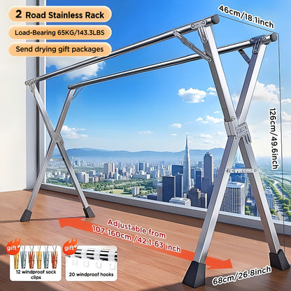 Clothes Drying Rack Stainless Steel 63" & 78.7" Retractable Foldable Heavy Duty Laundry Drying Rack, Collapsible Indoor Outdoor Clothesline with Adjustable Length for Balcony Bedroom Laundry Room
