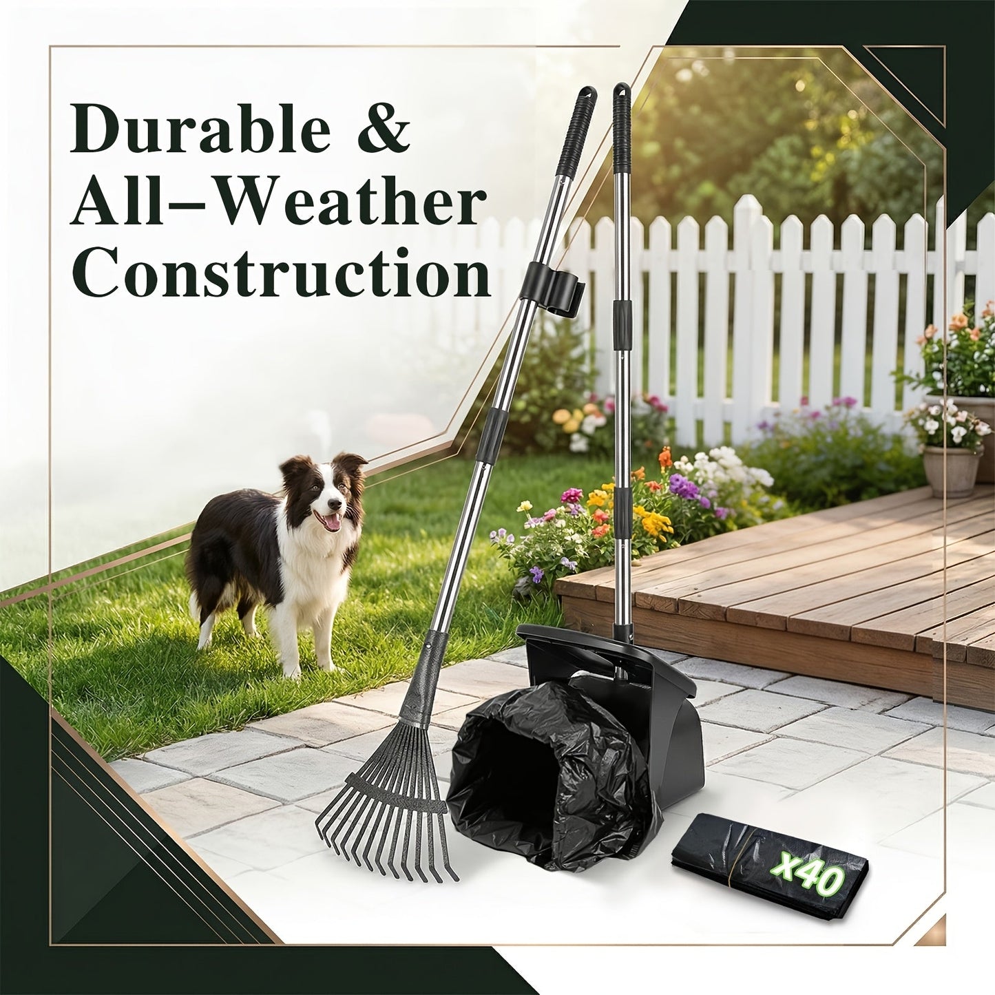 Dog Pooper Scooper Set Heavy Duty with Swivel Bin, Rake & Spade – Long Handle Pet Waste Removal Tool for Grass, Dirt & Gravel, Includes 40 Waste Bags, Great for Large Dogs