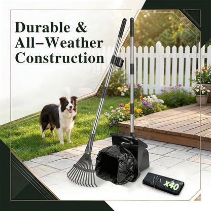 Dog Pooper Scooper Set Heavy Duty with Swivel Bin, Rake & Spade – Long Handle Pet Waste Removal Tool for Grass, Dirt & Gravel, Includes 40 Waste Bags, Great for Large Dogs