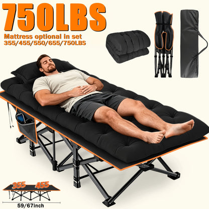 Extra Large Folding Bed with Mattress – 67"/75" Heavy Duty Camping Cot, 750 lbs Capacity, Portable Foldable Guest Bed for Adults, Travel, Camping, Gray & Black