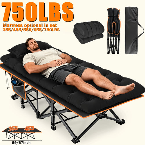 Extra Large Folding Bed with Mattress – 67"/75" Heavy Duty Camping Cot, 750 lbs Capacity, Portable Foldable Guest Bed for Adults, Travel, Camping, Gray & Black