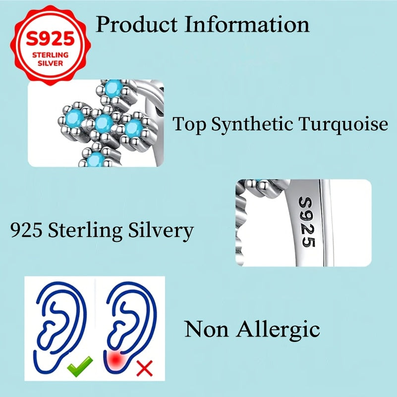 925 Sterling Silver Blue Turquoise Cross Dangle Earrings for Women – Hypoallergenic Boho Vintage Drop Earrings, Synthetic Inlay, Elegant Gift for Valentine's Day Birthday Anniversary