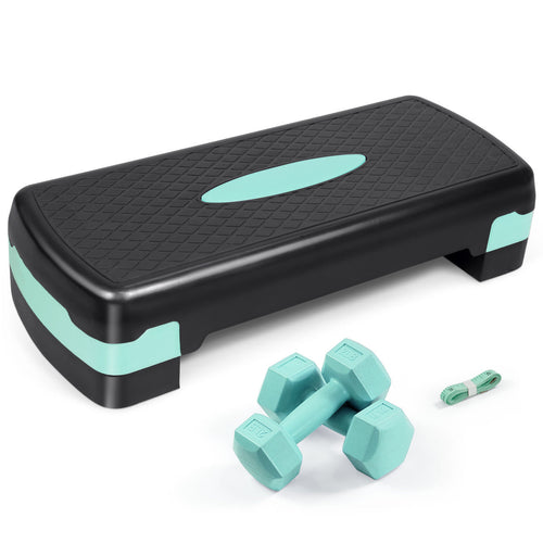 Adjustable Height Aerobic Stepper Set with 2 Dumbbells & Measuring Tape, Non-Slip Exercise Step Platform with Level Risers, 550 LB Capacity, Home Gym Workout Equipment – 3 Colors