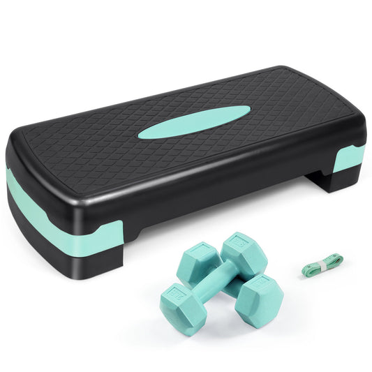 Adjustable Height Aerobic Stepper Set with 2 Dumbbells & Measuring Tape, Non-Slip Exercise Step Platform with Level Risers, 550 LB Capacity, Home Gym Workout Equipment – 3 Colors