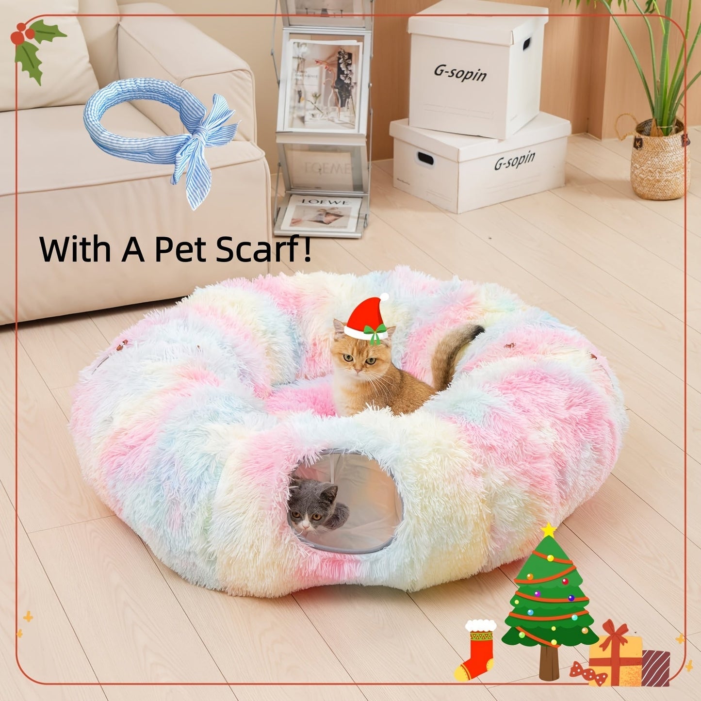 Cat Tunnel with Bed & Donut Peep Hole – Soft Plush Indoor Cat Toy, Multi-functional Hideout & Amusement Park for Cats, Kittens & Rabbits, Includes Pet Scarf, Small Medium Large