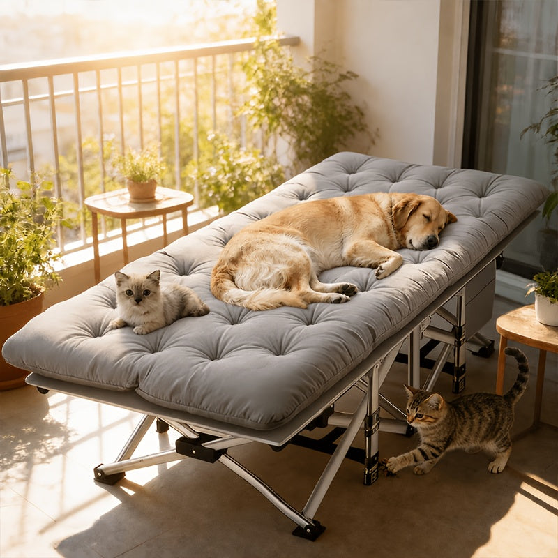 Heavy Duty Folding Bed with Optional Mattress up to 630 LBS – Portable Camping Cot with Multi-Leg Support, Side Pockets & Pillow, 59–77 Inch All Season Guest Napping Bed Space Saving