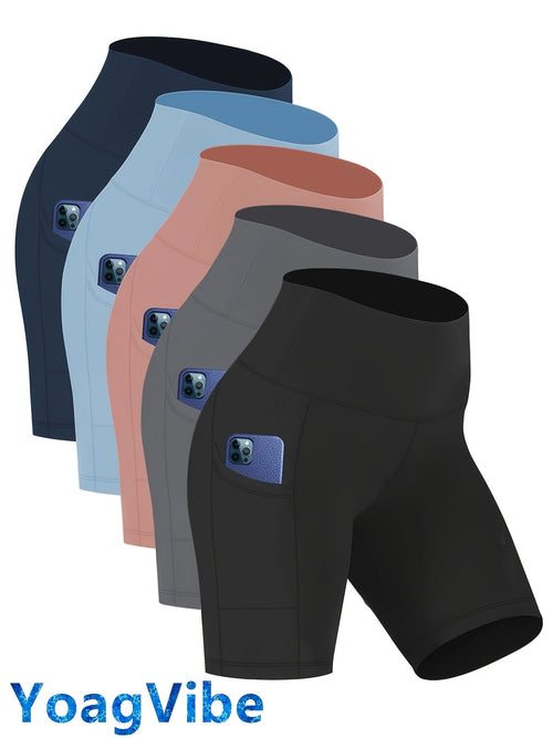 Women's High Waist Yoga Shorts – 4-Way Stretch Sweat-Wicking Athletic Shorts with Elastic Waistband & Side Pockets for Running, Cycling & Training – Black, Dark Gray & Navy, Sizes S-XXL
