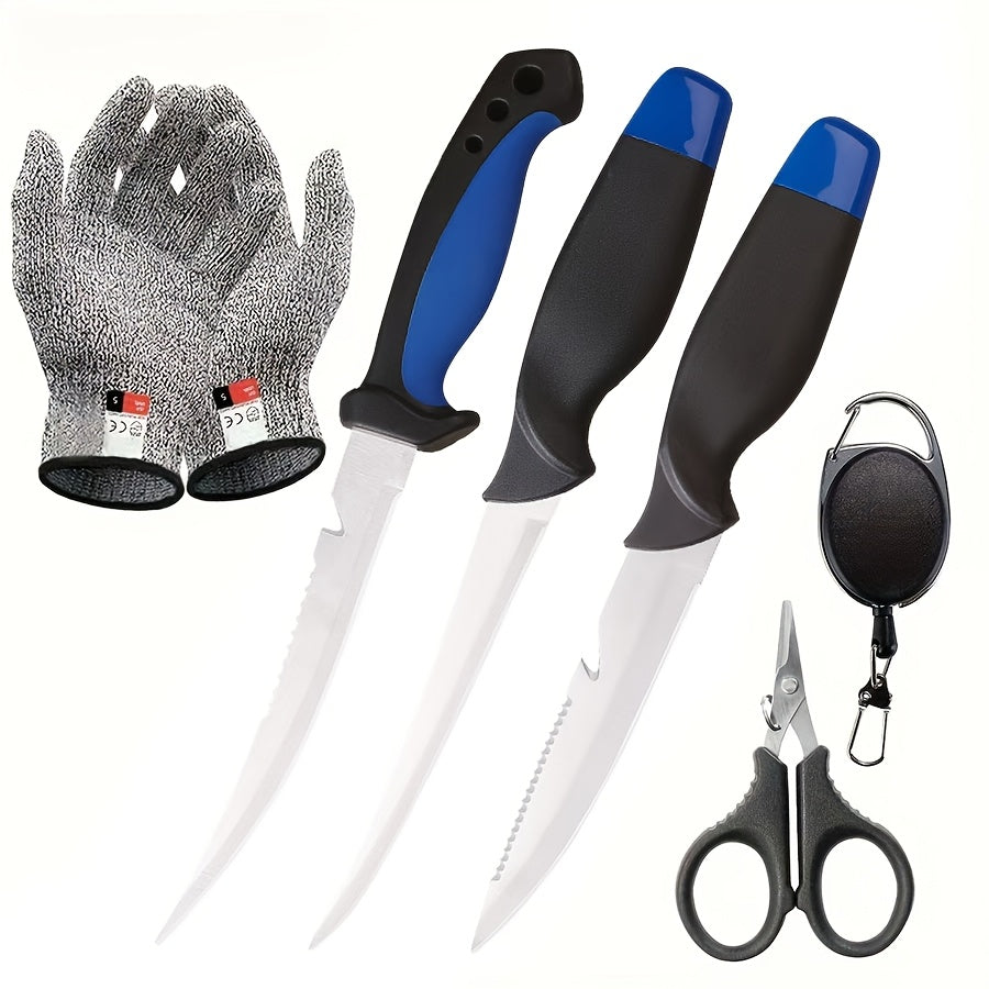 3 Piece Fishing Knife Set with Stainless Steel Blades, Fish Fillet Boning Gutting Knives with Cut Resistant Gloves, Fishing Line Cutter & Cord – Unique Fishing Gift for Anglers & Campers