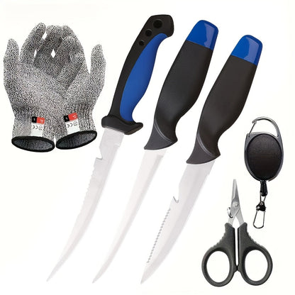 3 Piece Fishing Knife Set with Stainless Steel Blades, Fish Fillet Boning Gutting Knives with Cut Resistant Gloves, Fishing Line Cutter & Cord – Unique Fishing Gift for Anglers & Campers