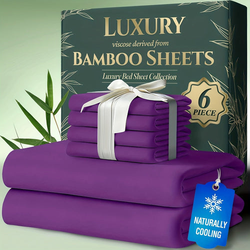 Cooling Bamboo Bed Sheets Set 6-Piece Ultra Soft 17 Inch Deep Pocket Double Stitching Cooling Fiber for Hot Sleepers – Twin Full Queen King in 16 Colors