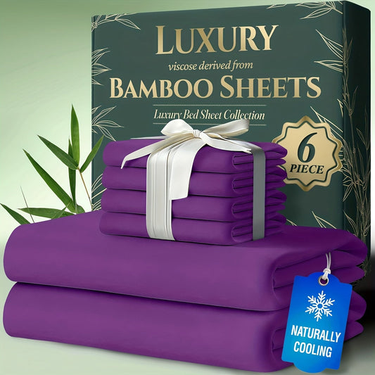 Cooling Bamboo Bed Sheets Set 6-Piece Ultra Soft 17 Inch Deep Pocket Double Stitching Cooling Fiber for Hot Sleepers – Twin Full Queen King in 16 Colors