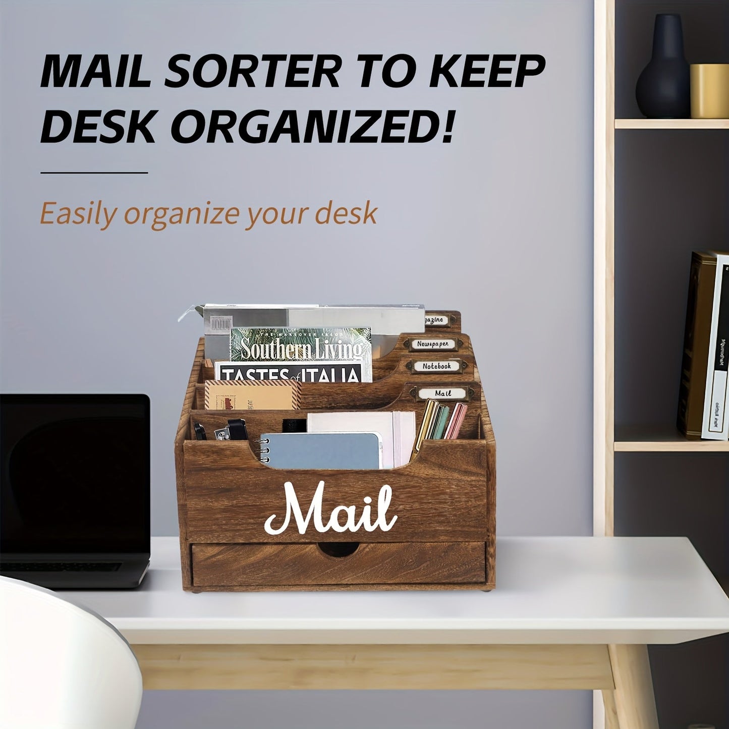 Large Solid Wood Desktop Mail Organizer with Drawer and 4 Compartments Labelable Dividers for Files Letters Paper Folders Desk Organizer for Home Office Students and Professionals