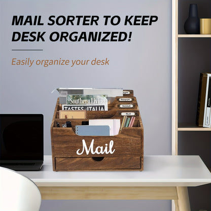 Large Solid Wood Desktop Mail Organizer with Drawer and 4 Compartments Labelable Dividers for Files Letters Paper Folders Desk Organizer for Home Office Students and Professionals