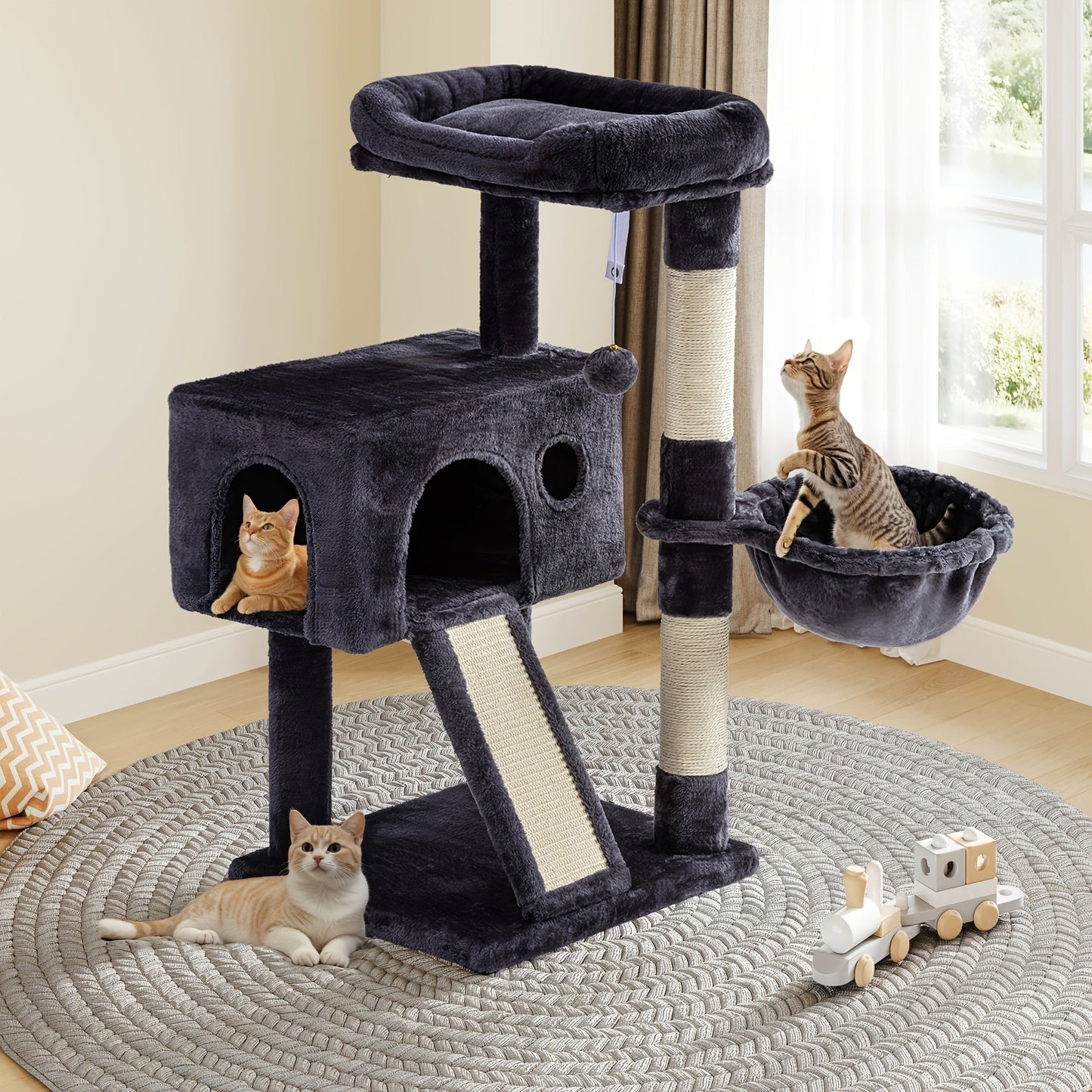 WEEWAY Corner Cat Tree Tower for Indoor Cats 36–81 Inch – Multi-Level Cat Furniture with Sisal Scratching Posts, Condo Cave, Hammock, Ramps, Plush Perches, Basket & Pompom Toys, Perfect Cat Gift