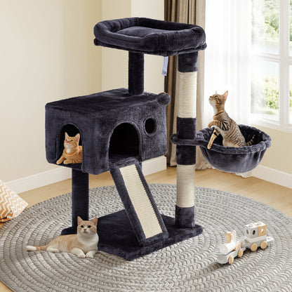 WEEWAY Corner Cat Tree Tower for Indoor Cats 36–81 Inch – Multi-Level Cat Furniture with Sisal Scratching Posts, Condo Cave, Hammock, Ramps, Plush Perches, Basket & Pompom Toys, Perfect Cat Gift