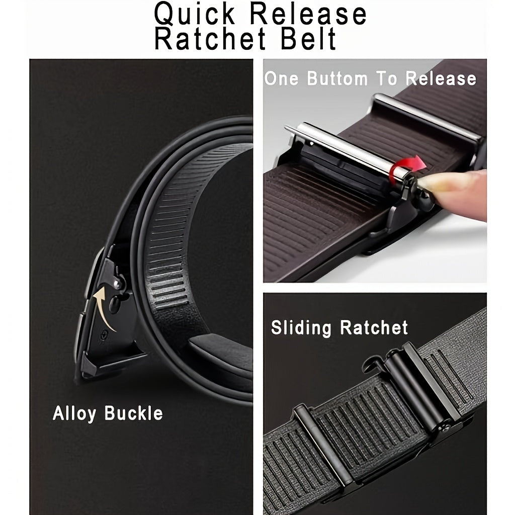 Men's Automatic Ratchet Buckle Belt - Black Adjustable Sliding Belt for Business Dress & Jeans, Durable Comfortable No-Holes Belt with Micro-Adjustable Buckle, Perfect Gift for Dad & Husband