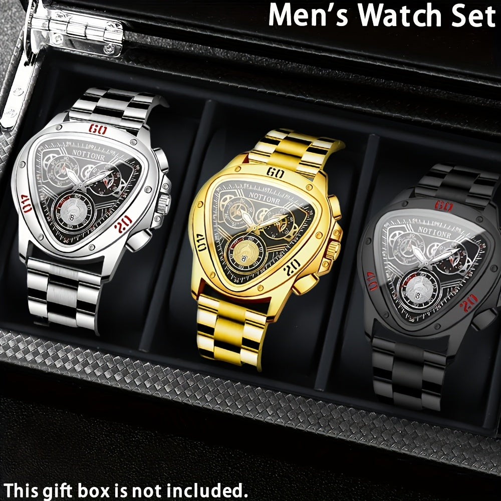 3pcs Men's Quartz Watch Set – Silicone Strap Date Display Triangular Dial, Fashion Sport Casual Wrist Watches for Men, Ideal Birthday Anniversary Gift Set