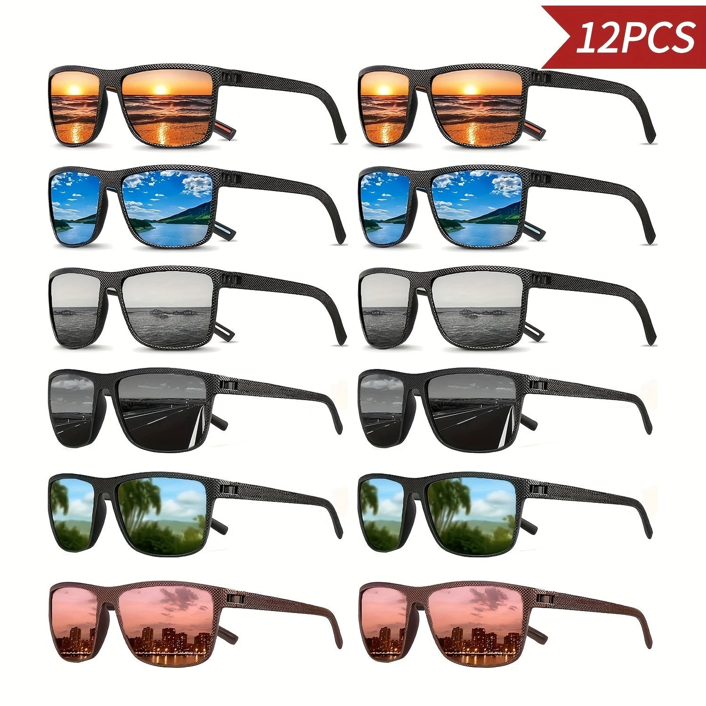12 Pairs Fashion Sunglasses Set for Men & Women – Classic Square Retro PC Frame Glasses in Assorted Colors, UV Protection Eyewear for Beach, Outdoor & Daily Leisure
