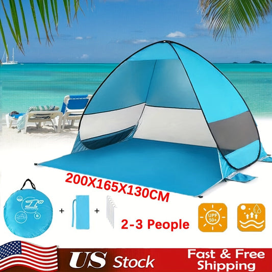 Pop Up Beach Tent 2-3 Person, Portable Sun Shade Shelter with UV Protection & Anti-UV Silver Coating, Easy Setup Camping Canopy with Carry Bag & Stakes for Beach Fishing Hiking Backyard, Blue & Green