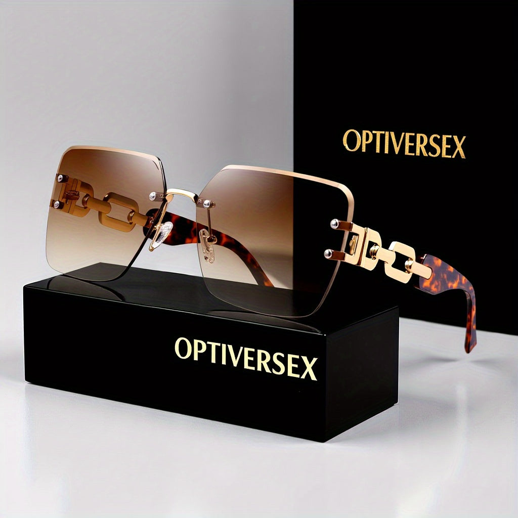 Oversized Square Sunglasses for Women – UV400 Gradient Lenses, Gold-Tone Metal Chain Temples, 4 Colors, Includes Portable Case & Cleaning Cloth