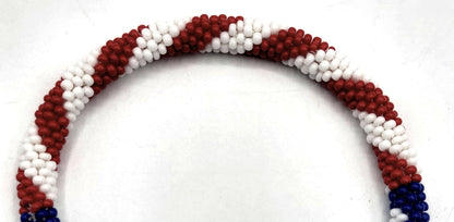 Set of 2 Handmade USA Flag Patriotic Glass Bead Bracelets – Boho Roll-On Crochet Bangles for Men & Women, Nepal Artisan Jewelry, Red White Blue Beaded Bracelet Set, 4th of July Gift