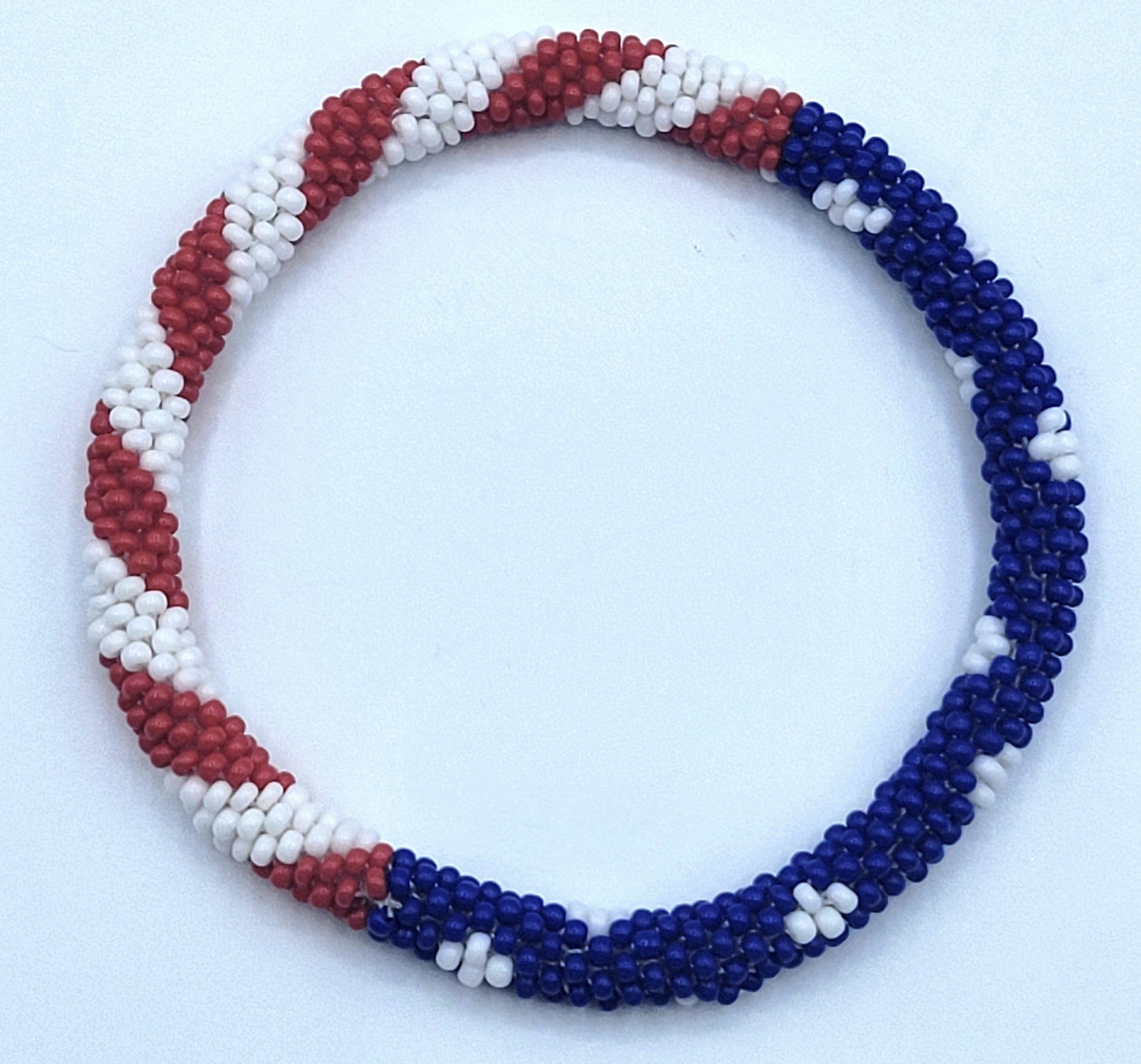 Set of 2 Handmade USA Flag Patriotic Glass Bead Bracelets – Boho Roll-On Crochet Bangles for Men & Women, Nepal Artisan Jewelry, Red White Blue Beaded Bracelet Set, 4th of July Gift