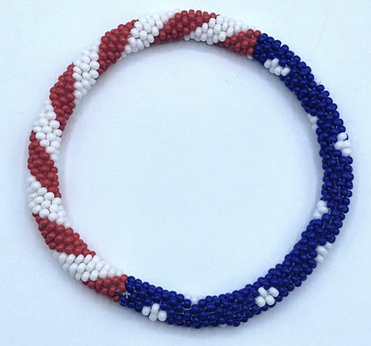 Set of 2 Handmade USA Flag Patriotic Glass Bead Bracelets – Boho Roll-On Crochet Bangles for Men & Women, Nepal Artisan Jewelry, Red White Blue Beaded Bracelet Set, 4th of July Gift