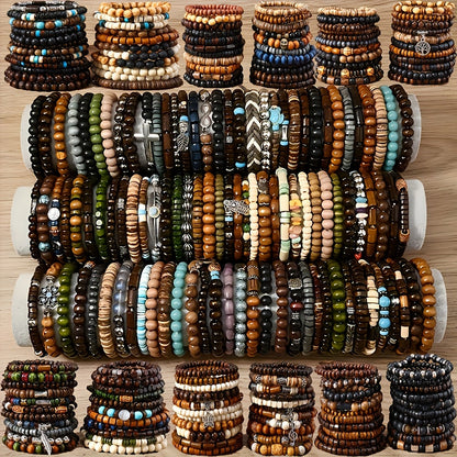 Boho Wood Beaded Bracelet Set – Stackable Elastic Bracelets with Turtle, Cross, Leaf & Feather Charms, Mixed Colors, Choose 12, 24, 47 or 87 Pcs – Perfect for Daily Wear & Gifting