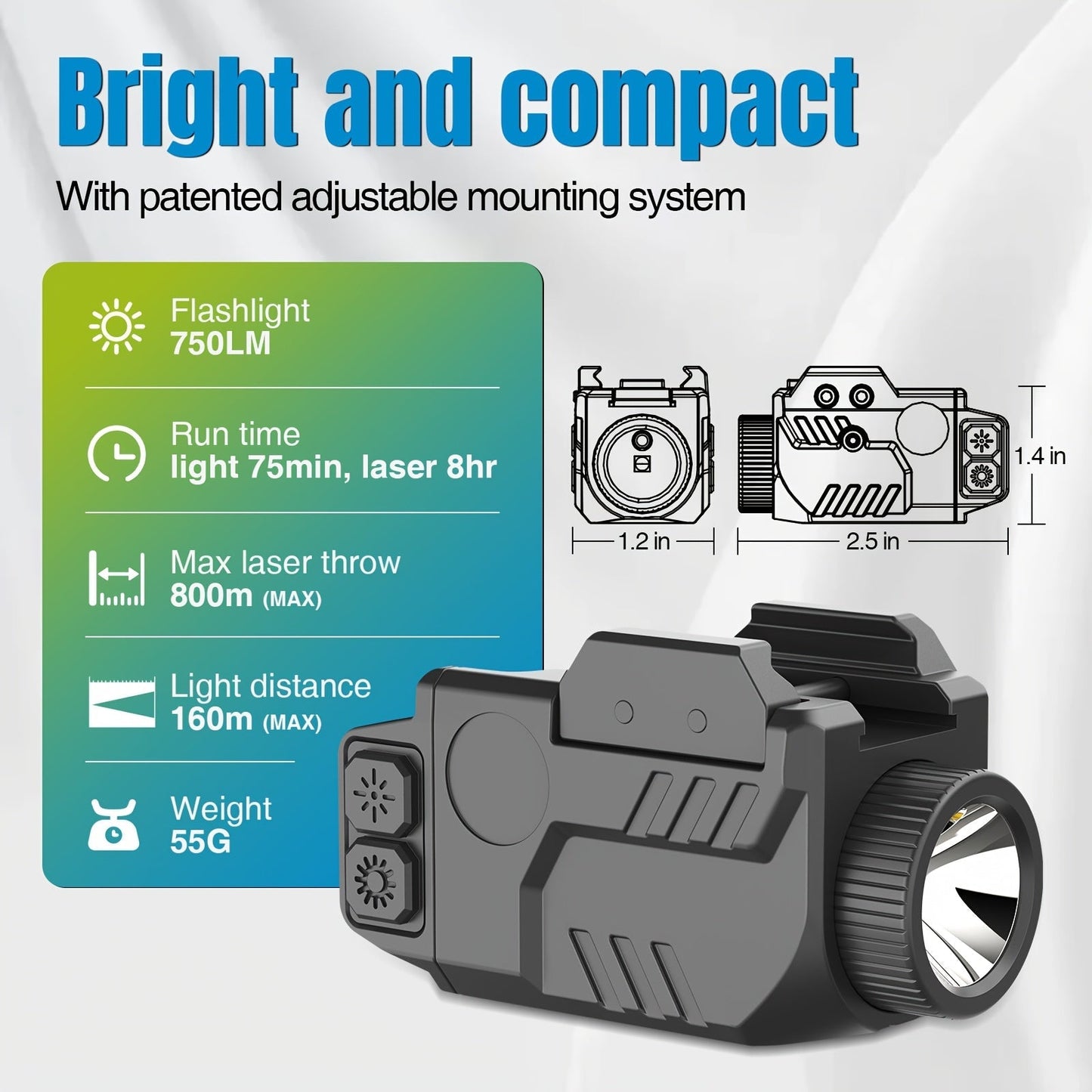 750 Lumens Tactical Flashlight with Red Green Blue Laser Sight Combo for Picatinny Rail Handgun Rechargeable Pistol Light Strobe Function Weapon Light for Shooting Range Home Defense