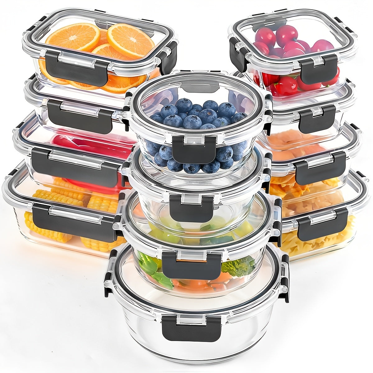 Glass Food Storage Containers with Lids 12-Piece Set, Airtight Leak-Proof Meal Prep Containers, Thickened Glass Lunch Bento Boxes Safe for Microwave Oven Freezer Dishwasher, Kitchen Pantry Organizer