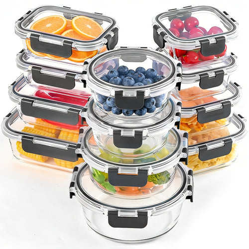 Glass Food Storage Containers with Lids 12-Piece Set, Airtight Leak-Proof Meal Prep Containers, Thickened Glass Lunch Bento Boxes Safe for Microwave Oven Freezer Dishwasher, Kitchen Pantry Organizer