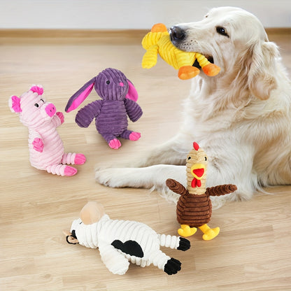 Plush Dog Squeaky Toys 5-Pack Bundle – Washable Stuffed Animal Chew Toys for Small Medium Large Dogs, Embroidered Safety Eyes, Animal Designs (Pig, Frog, Elephant, Chicken, Fox)