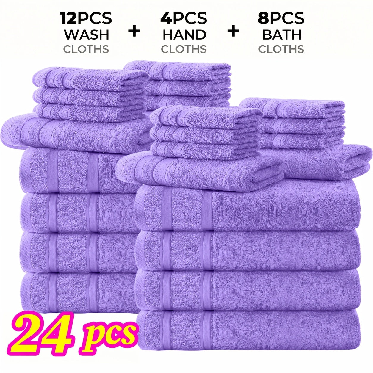 Cotton Bath Cloths Set 12 or 24 Piece – Hotel Quality Highly Absorbent Quick-Dry Washcloths for Bathroom Spa Gym Home Dark Gray Blue White Purple Orange