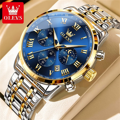 OLEVS Men's Luxury Stainless Steel Watch – Chronograph, Roman Numerals, Moon Phase Display, Luminous Analog Quartz Dress Watch for Men, 8 Color Options, Perfect Business & Gift Watch