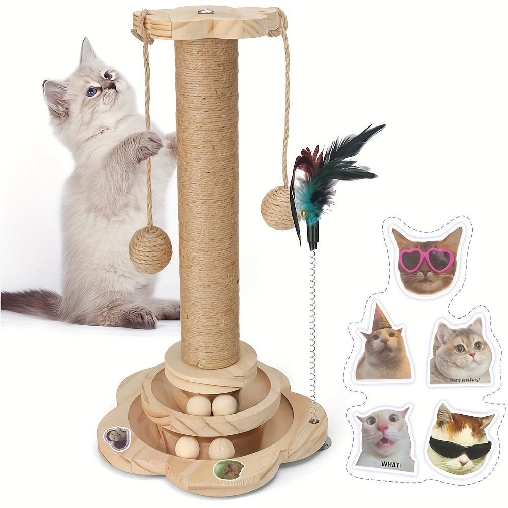 5-in-1 Wooden Cat Scratching Post Toy for Indoor Cats Tall Sisal Post 2-Level Track Ball Interactive Feather Toy Hanging Balls Cat Furniture for Kittens Adults