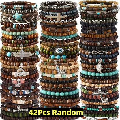 42pcs Vintage Bohemian Wooden Beaded Bracelet Set for Women & Men – Ethnic Stackable Boho Hand String Bracelets Random Mix, Outdoor Festival Holiday Jewelry Accessory Collection
