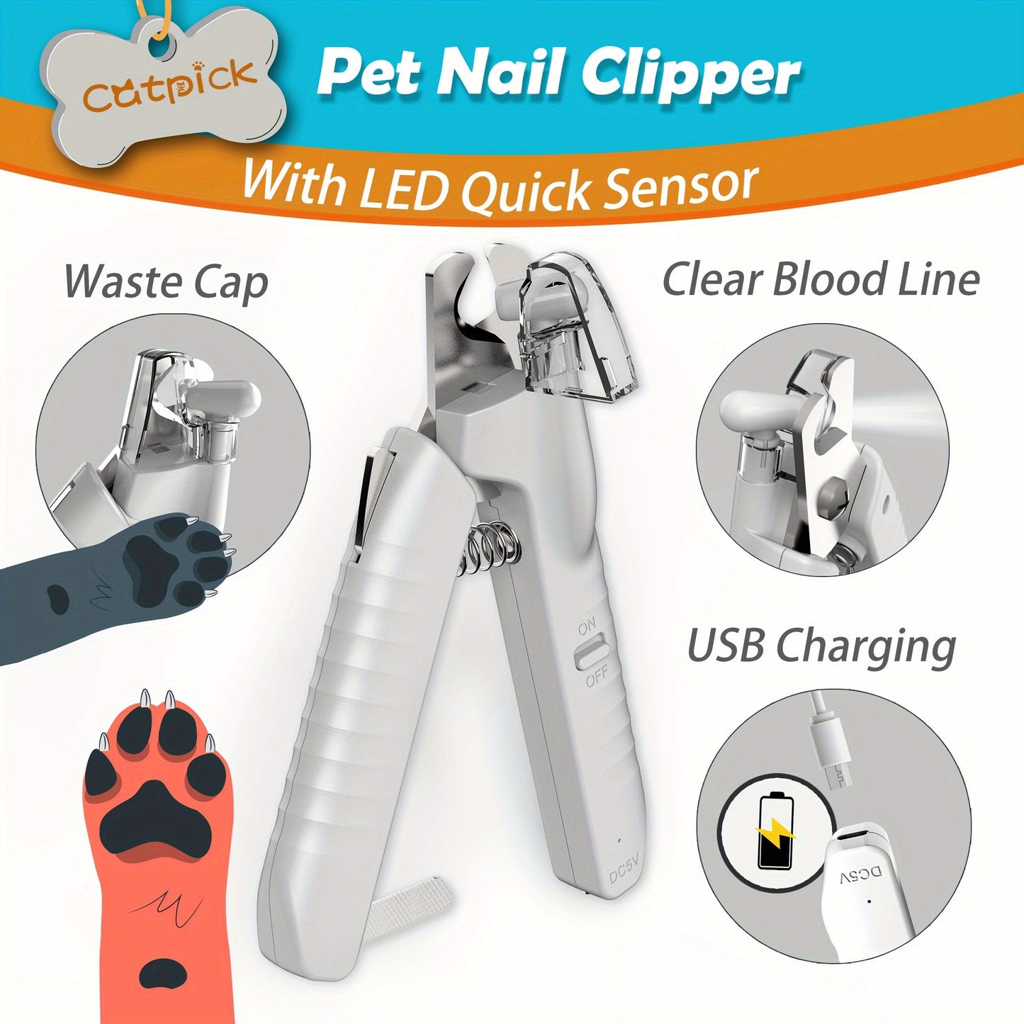 LED Light Dog Nail Clippers USB Rechargeable – Quick Sensor Blood Line Positioning, Hidden Nail File, Safety Lock, Stainless Steel Blades, Pet Nail Trimmer for Dogs & Cats