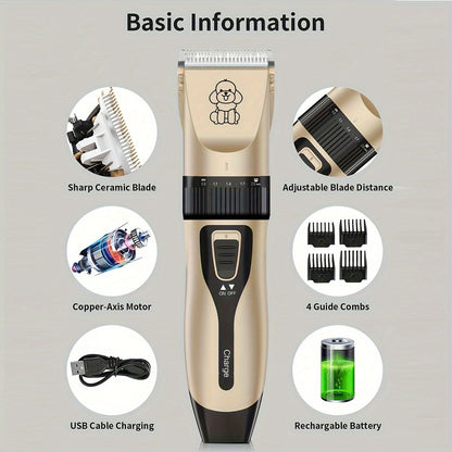 USB Rechargeable Pet Grooming Clippers Kit for Dogs & Cats – Ceramic Blades, Low Noise, Cordless Electric Clipper Set with Brush & Comb