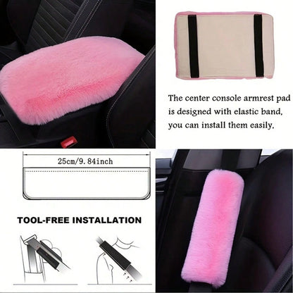 Fluffy Plush Car Steering Wheel Cover 8-Piece Interior Set - Rex Rabbit Fur Universal Fit 14.5-15 Inch, Cute Women's Car Accessories in 12 Colors for SUV Sedan Truck, Pink Purple Black & More