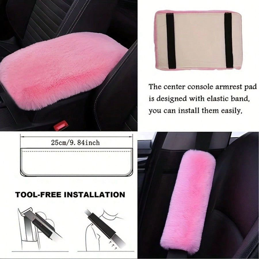 Fluffy Plush Car Steering Wheel Cover 8-Piece Interior Set - Rex Rabbit Fur Universal Fit 14.5-15 Inch, Cute Women's Car Accessories in 12 Colors for SUV Sedan Truck, Pink Purple Black & More