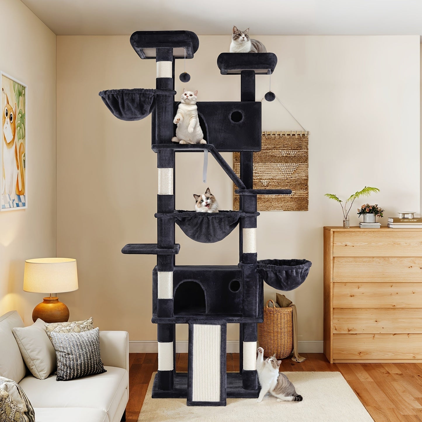 WEEWAY Corner Cat Tree Tower for Indoor Cats 36–81 Inch – Multi-Level Cat Furniture with Sisal Scratching Posts, Condo Cave, Hammock, Ramps, Plush Perches, Basket & Pompom Toys, Perfect Cat Gift