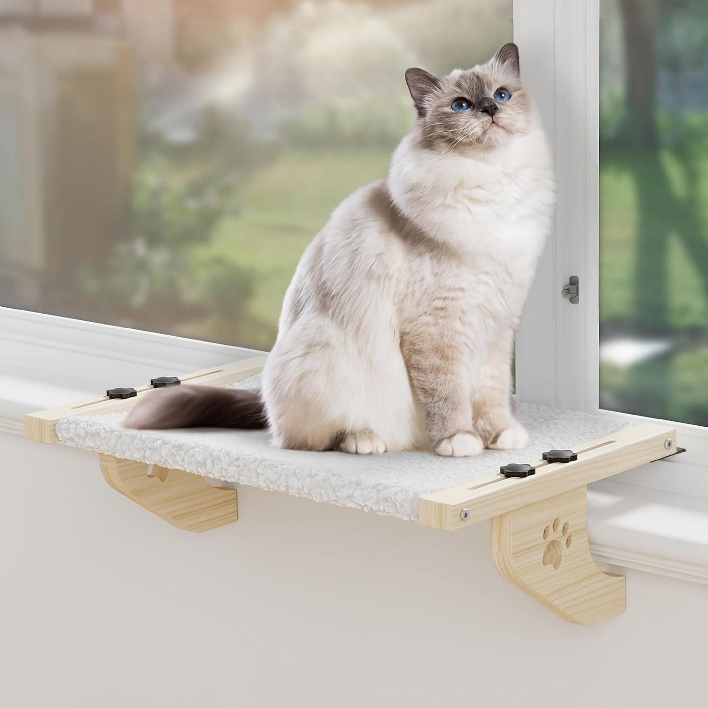 Cat Window Perch & Hammock for Indoor Cats – Sturdy Wood & Metal Frame, Easy-Adjust Mount for Windowsill, Bedside, Drawer & Cabinet, Supports Large Cats, Space-Saving Cat Shelf Bed