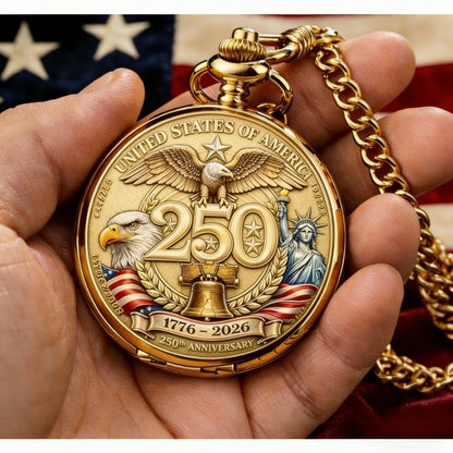USA 250th Anniversary Pocket Watch 1776-2026 – Retro Wind-Up Timepiece with Bald Eagle & Statue of Liberty, Patriotic Commemorative Gift for History Buffs, Collectors & American Pride