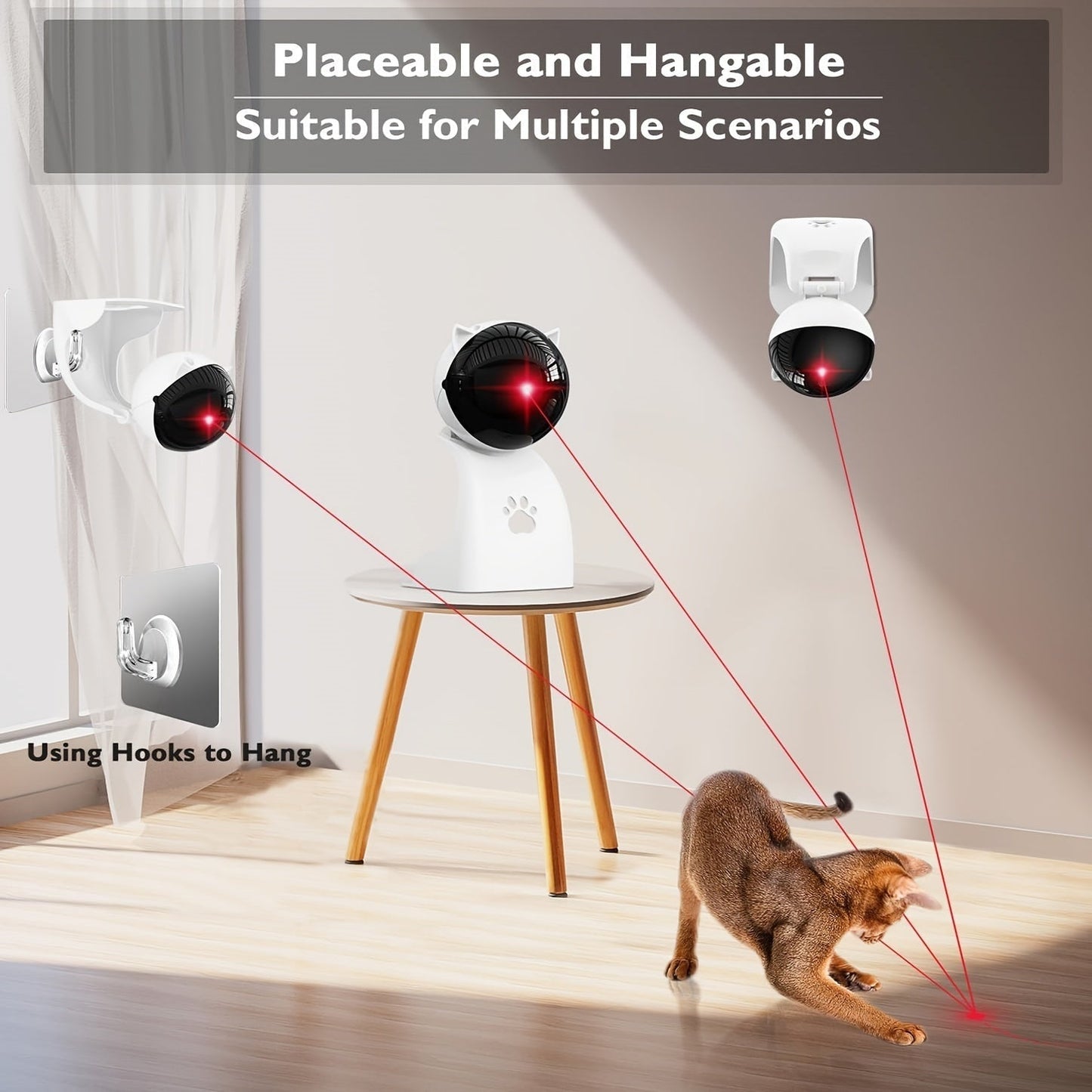 Automatic Laser Cat Toy USB Rechargeable – 3 Speed Modes, Hang or Place, 0–130° Adjustable Angle, 800mAh Battery, 15-Min Auto Shutoff, Interactive Laser Pointer for Indoor Cats Kittens Dogs